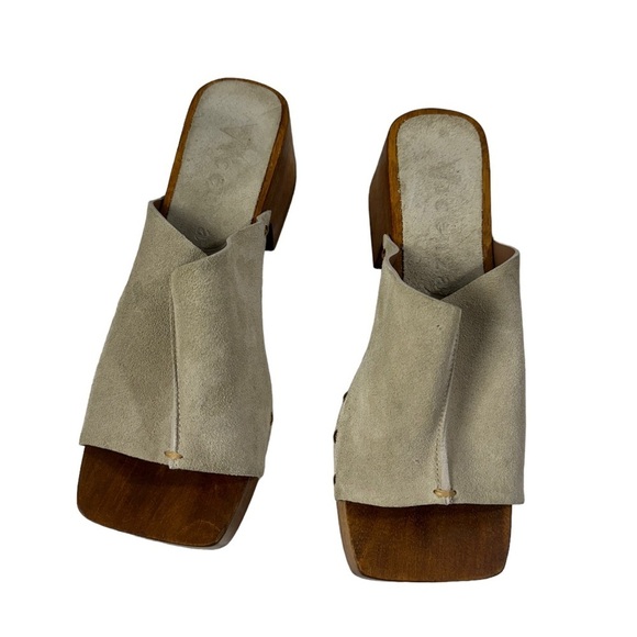 VICENZA taupe suede Leather Wooden Sandals / Clogs size 7 - Picture 3 of 8